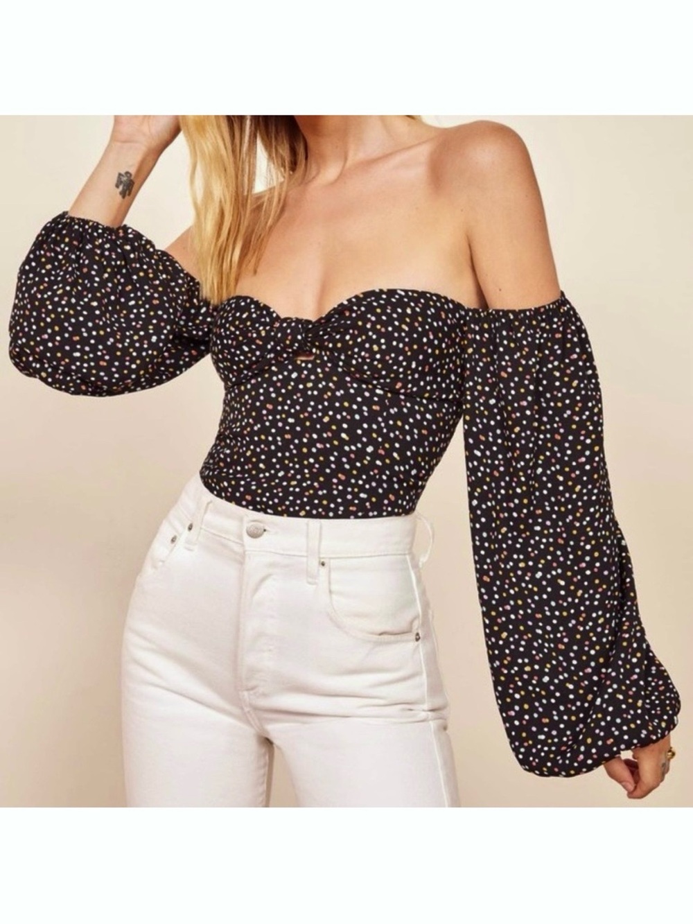 REFORMATION Off Shoulder Tie Front Sweetheart Neck Long Sleeve Coquette Top 2